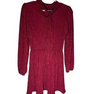 FLORET STUDIOS Plissé Tie-Neck Long Sleeve Dress Burgundy Size M